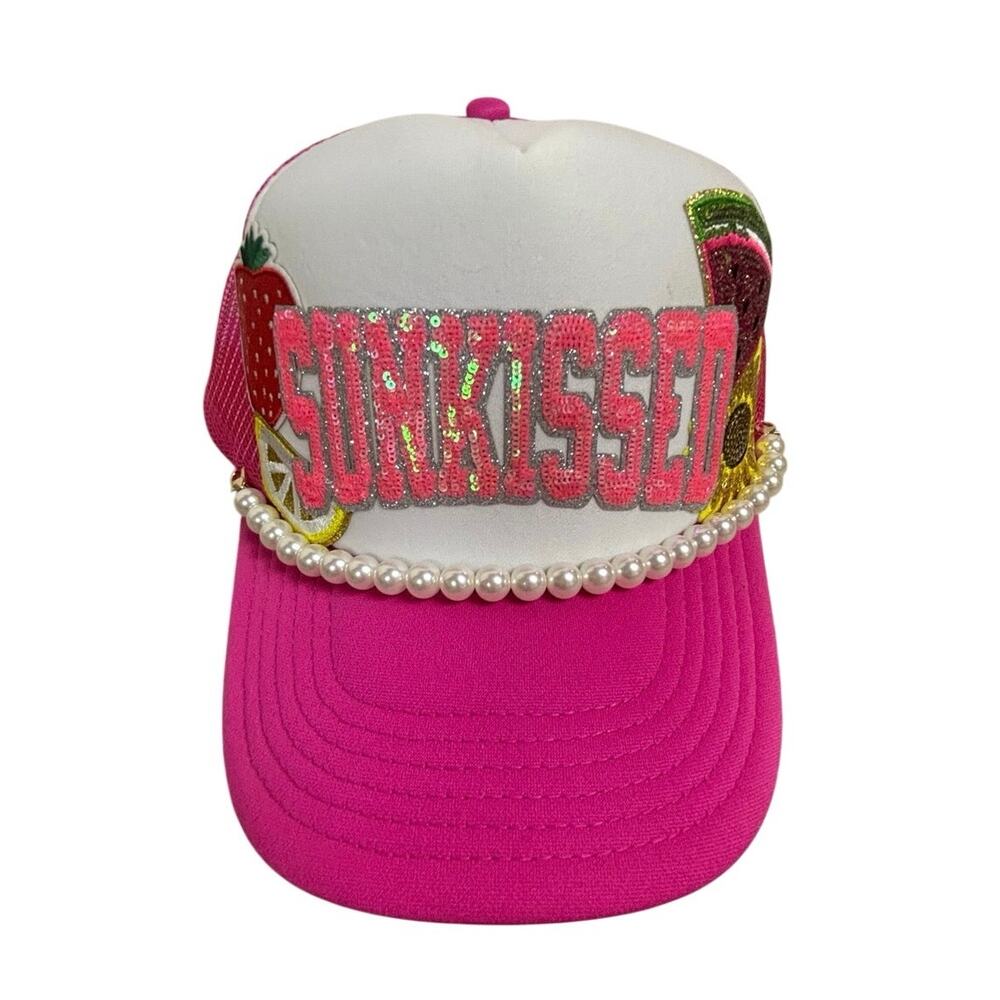 Custom OTTO Trucker Hat Pink White SUNKISSED Sequin Pearl Fruit Patch Cap